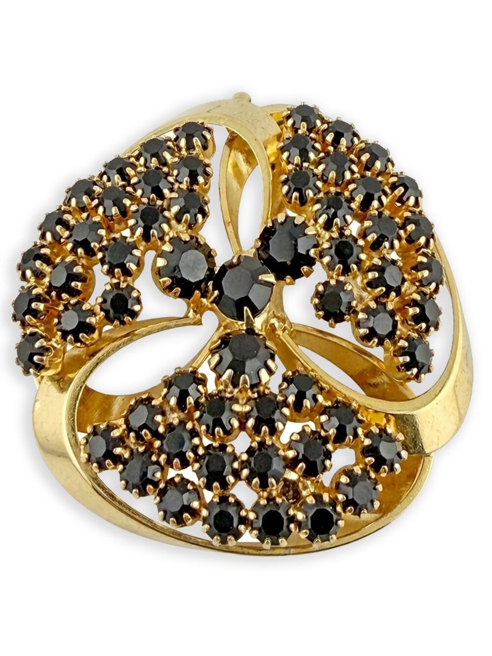 Ribbon Pendant MCM Black Onyx Glass Rhinestone Gold Tone Statement - Vintage